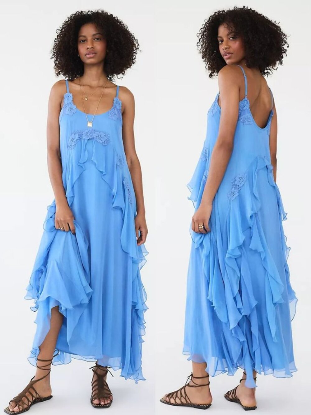 Free People Nigel Preston Floating Angel Maxi Dress Crown Blue Chiffon NWT Sz L